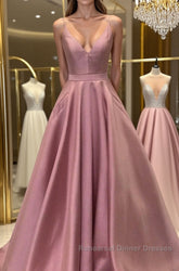 A Line V Neck Open Back Pink Satin Long Semi Formal Prom Dresses, Open Back Pink Formal Graduation Evening Dresses